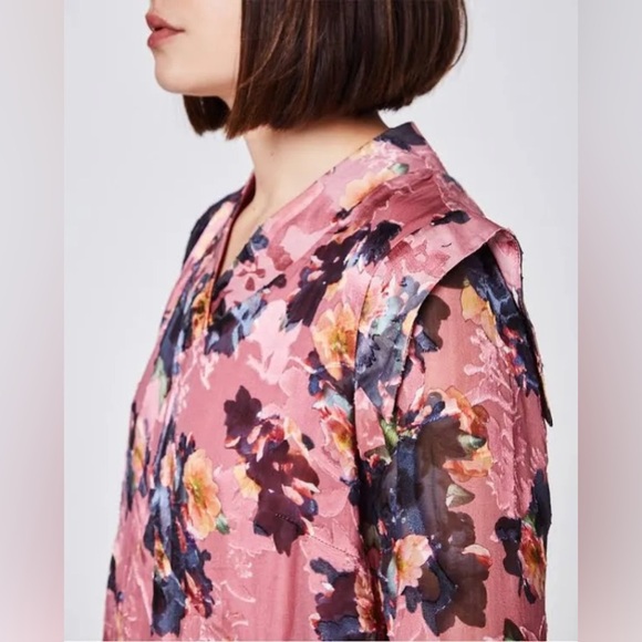 NICOLE MILLER Floral Print Silk Blouse Long Sleeve Burnout Ruffle Pink M… - Picture 2 of 7
